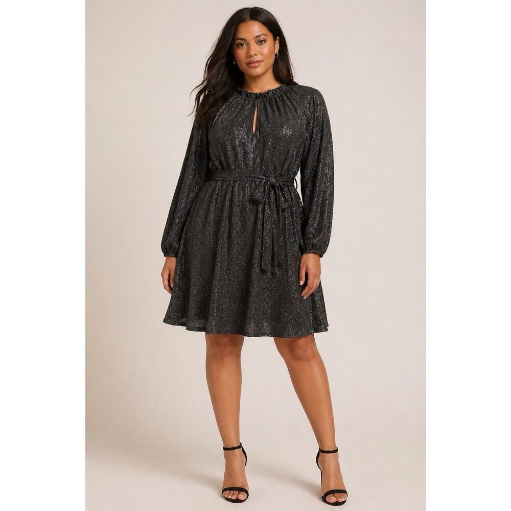 ELOQUII Elements Metallic Black Silver Dress 18 20 Belted Long Sleeve